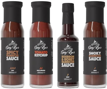 Spicy Rye's Thrill of the Grill Gift Set - BBQ Pack of 4 x Smooth, Spicy Hot Sauces - Barbecue Sauce Selection and Spicy Tomato Ketchup - Mild to Hot