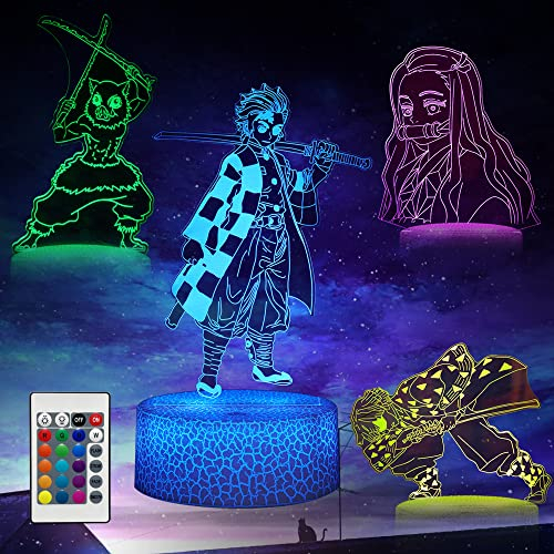 Likohee Demon Slayer 3D Anime Decor Lamp, Night Light, 4 Patterns et 16 Colours, Room Decor Lamp with Remote Control, Birthday and Christmas Gifts for Kids, Boys, Girls