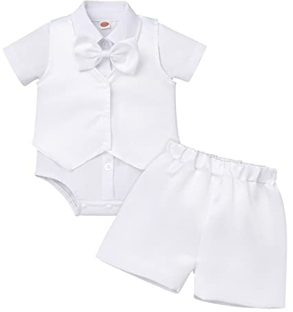 Baptism Christening Outfit for Infant Baby Boys Bow Tie Romper Waistcoat Shorts Set Gentlemen White Tuxedo Suit Toddler Kids Wedding Party Formal Photoshoot Clothes White+Bow tie 0-6 Months