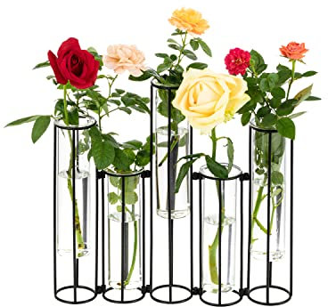 Reagenzgläser aus Glas mit Ständer für Blumen, Schwarze aufklappbare Knospenvase mit Metallständer, Hydrokultur, 5er-Set, verstellbare Pfeifen-Pflanzenvasen, Display-Set für Tischdekoration