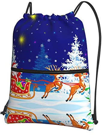 Horn Gray Print Drawstring Zipper Backpack Large Sports Backpack String Swim Drawstring For Women Men, Weihnachtsmann auf Schlitten, One size