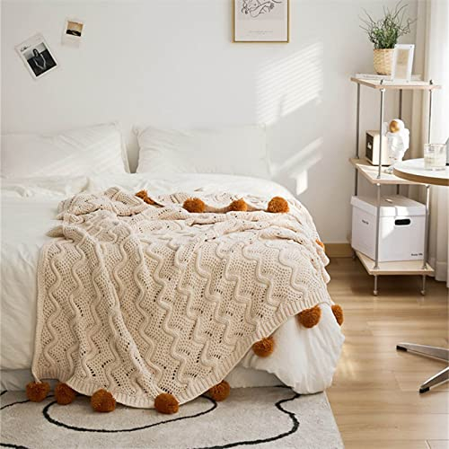 ZQYMM Gestrickte Überwurfdecke Decken Mit Bommeln Chenille Strickdecke Baumwolle Kuscheldecke Strick Weiche Pompons, Fransen, Gestreift Zopfmuster Überwurf Für Sofa Bett Couch,Beige,130 * 160CM