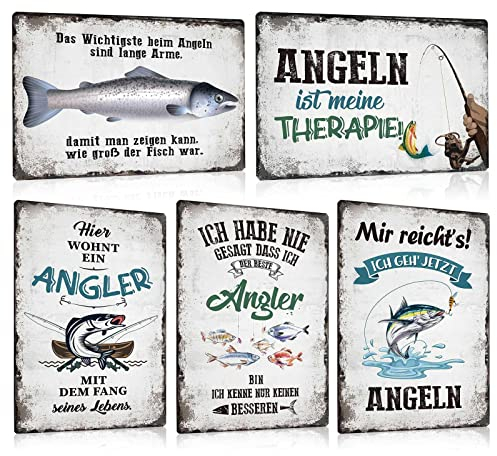 ESFIVHO 5er Set Retro Angeln Metallschild - Angler Blechschild mit Lustig Spruch - Vintage Schild Wand-Dekoration Geschenkidee für Sportangler Fischer Angel-Verein 20x30cm