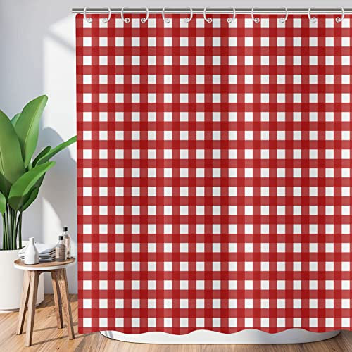 ASDCXZ Rideau de Douche à Carreaux 120x180 cm, à Carreaux Rouge Blanc géométrique Rideaux de Douche de en Textile imperméable Lavable Rideau Douche Tissu pour Baignoire avec 8 Crochets
