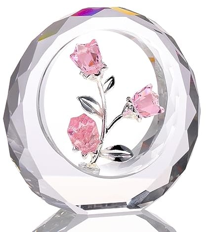 Ornalrist Crystal Pink Rose Blossom Flower Figurine Gifts for Her, Glass Rose Bouquet Collectible Paperweight Romantic Gift Idea for Women Wife Valentine's Anniversary Ornaments (Pink)