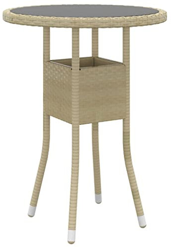 Makastle Gartentisch Ø 60cm Ornament Glasplatte Garten Esstisch Runder Beistelltisch Wetterfest Terrasse Balkon Tisch, Hartglas und Poly Rattan Beige