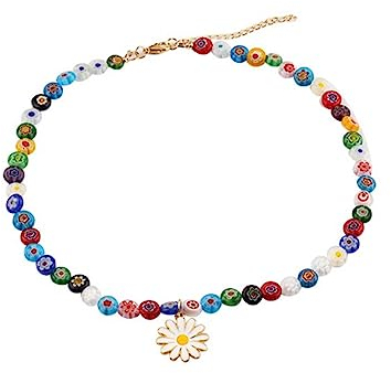 Cosswe Damen Boho Bunte Perlenkette Kette Blume Daisy Halsketten Verstellbare Bunte Daisy Halskette für Mädchen Sommer Halskette Schmuck Zubehör