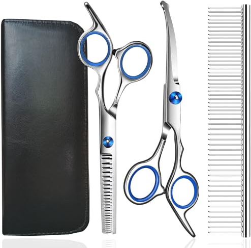 Hundepflegeschere, Jiasoval 4-in-1-Hundepflegeset mit runder Sicherheitsspitze, professionelles Fellpflegescheren-Set, Haarschneideschere mit Stahlkamm und Ledertasche für Hunde
