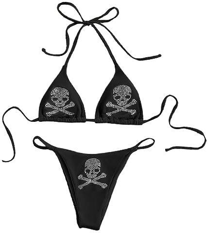 JasmyGirls Gothic Badeanzüge für Frauen Y2k Kleidung Gothic Badeanzug Sexy Skull Triangle Tanga Bikini 2 Stück Strass Rave Sets