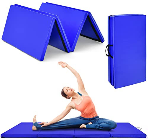GYMAX Tapis de Gymnastique Pliable Épais 240x116x5cm, Combinaisonable avec Attaches Auto-Agrippante, Portable avec Poignée de Transport, pour Fitness, Exercice, Yoga, Étirement, Pilate (Bleu)