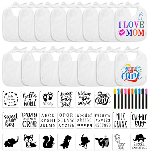47-teiliges DIY Baby Lätzchen Dekorationsset, Darunter 15 Weiße Baby Lätzchen, 22 Baby Schablonen zum Bemalen, 10 Stoffmarker, Leeres Lätzchen-Design für Babyparty-Spiel