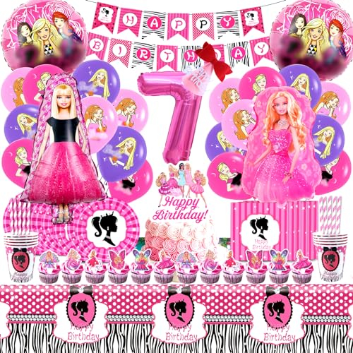104 Pcs Anniversaire Decoration Barb, Decoration Anniversaire Fille 7 Ans Barb, Vaisselle Anniversaire Barb, Ballon Helium Barb, Assiette Gobelet Barb, Serviette Papier Barb, Nappe, Barb Deco Gateau