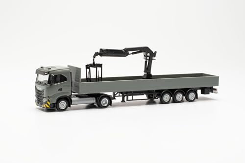 herpa LKW Modell Iveco S-Way ND LNG Pritschen-Sattelzug mit Ladekran, Miniatur im Maßstab 1:87, Sammlerstück, Made in Germany, Kunststoff