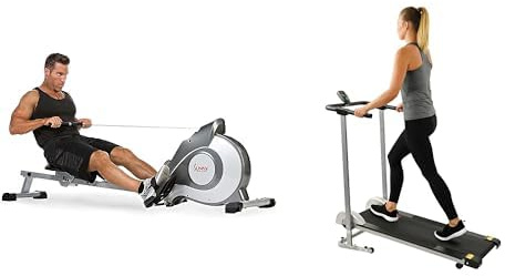 Sunny Health & Fitness Foldable Manual Treadmill, Compact Cardio Fitness + Magnetic Rowing Machine, Folding Rower W/LCD Monitor and Extra Long Slide Rail, Resistance