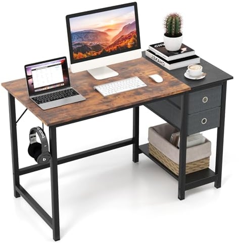 LIFEZEAL Scrivania Ufficio, Scrivania Porta Computer, con 2 Cassetti e Gancio, Postazione di Lavoro, per Studio, Stile Industriale, Scrittoio, Desk, in Legno+Metallo, 120x60 cm