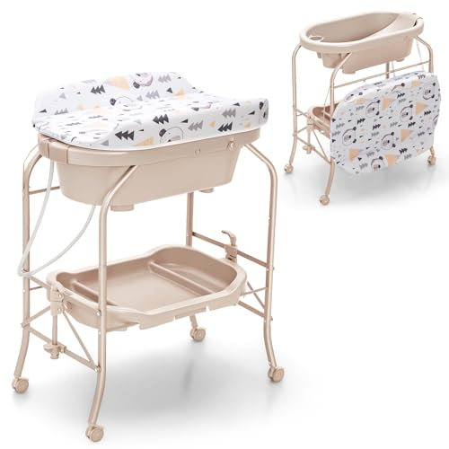 DREAMADE Table à Langer Bébé 4 en 1,Baignoire Bebe Pliable avec Support en Fer,4 Roues Universelles Verrouillables,Panier de Rangement,Commode à Langer Nourrisson 0-12 Mois,Charge 35 KG (Beige)