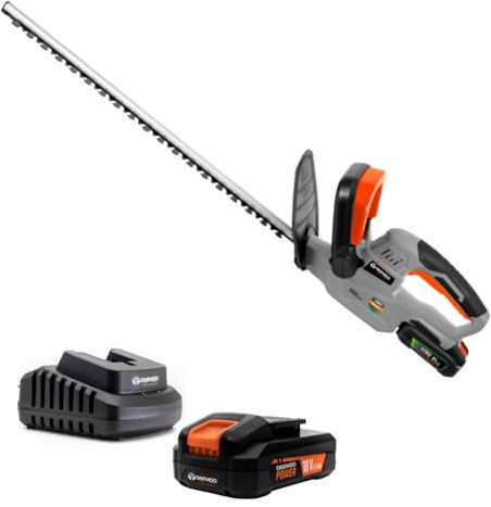 DAEWOO U-FORCE Cordless Hedge Trimmer + 2.0Ah Battery + Charger | 22 Inch (56cm) | 18V | 1,400 RPM Speed | Chip Guard | 2.8kg (w/o battery) | DALHT18-1