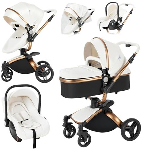 NADDLILY PU-Leder Kinderwagen 3 in 1, Buggy mit Verstellbarem Sitz Um 360° Drehbar, Kinderwagen Faltbarem Tragbarem One-Click-Design, Kinderwagen 3 in 1 Komplettset Zubehör Hohe Landschaft (906 White)