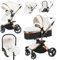 NADDLILY PU-Leder Kinderwagen 3 in 1, Buggy mit Verstellbarem Sitz Um 360° Drehbar, Kinderwagen Faltbarem Tragbarem One-Click-Design, Kinderwagen 3 in 1 Komplettset Zubehör Hohe Landschaft (906 White)