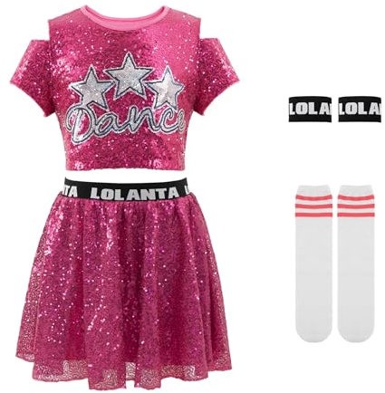 LOLANTA Abiti da Ballo per Ragazze con Paillettes, Abiti da Ballo Hip Hop Jazz Scintillanti, Top Corti con Gonna, Rosa, 11-12 Anni, 160
