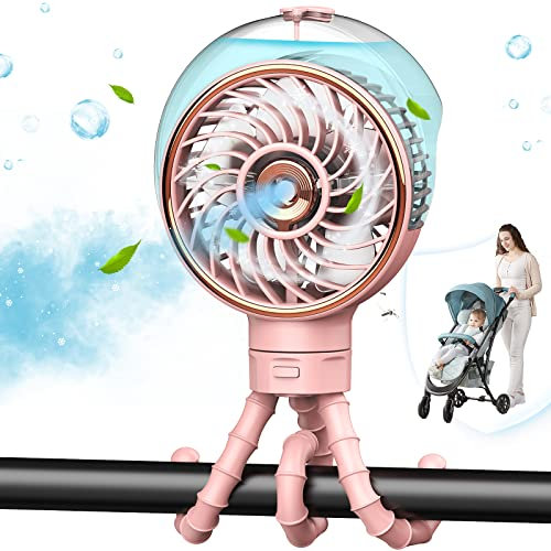 Dancial Misting Stroller Fan, Clip-on Personal Desk Fan with Flexible Tripod, 3 Speeds USB Rechargeable Fan, Battery Portable Handheld Fan for baby Stroller, Camping, Tent, Beach, Office Pink