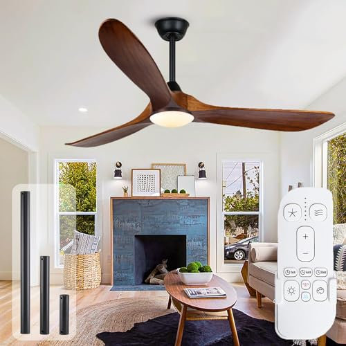 OUENGK 52 ventilador de techo con luz y mando a distancia, ventilador techo exterior terraza, 3 palas de madera reversibles, 6 velocidades con función de temporizador, Silencioso y de bajo consumo