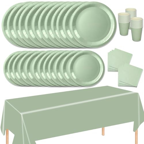 MORAINJAY Juego de vajilla de fiesta de 69 piezas, juego de vajilla verde salvia con platos, mantel, servilletas, tazas, decoraciones de mesa de color sólido para cumpleaños, boda, picnic, baby