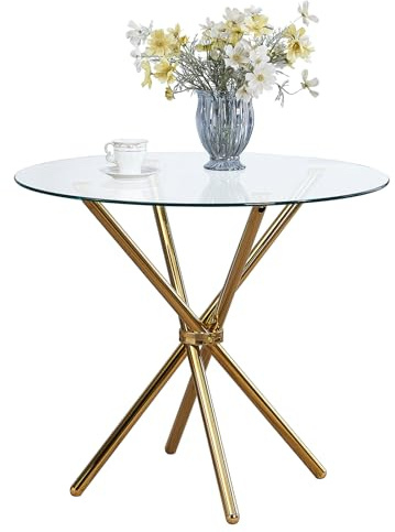 paonne Round Glass Dining Table with Gold Legs, Modern Round Kitchen Table for Home Kitchen, Living Room, Resturant, Apartment and Small Space - 90cm* 90cm* 75cm(L x W x H)