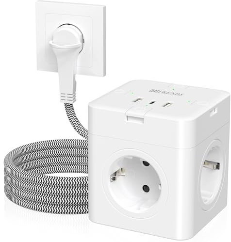 Steckdosenwürfel mit USB C, 4 Fach Steckdosenleiste Flachstecker mit Einzeln Schaltbar, Mehrfachsteckdose Würfel mit 2m geflochtenem Kabel für Büro Hause Reisen - Weiß 002-MF