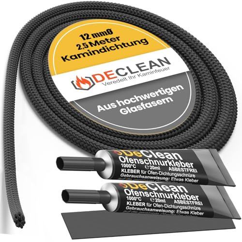 DeClean 2,5m Kamindichtung – Hitzebeständige Ofenschnur 12mm, Kaminabdichtung und Ofendichtung als Dichtungsset für Ofen, Pelletofen oder Kamin