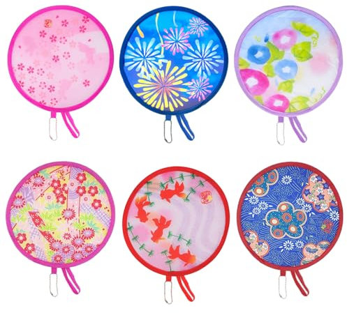 SYEYCW 6 Pcs Foldable Hand Fan, Pop up Fan, Round Folding Fans, Chinese Japanese Style Foldable Fan, Summer Portable Hand Fan, Beautiful Patterns, for Home, Personal Decoration, Party, Wedding
