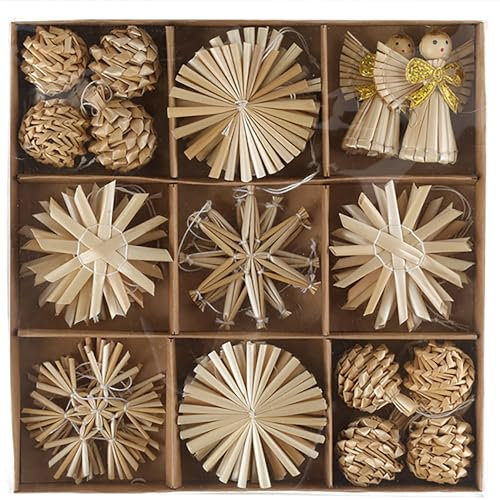 32 x Strohsterne Ø 6 cm - Baumschmuck nachhaltig - Christbaumschmuck - Stroh Sterne für den Christbaum - Baumhänger Stro - Weihnachtsbaumschmuck Holz Größe 32 er Box - Ø 6 cm