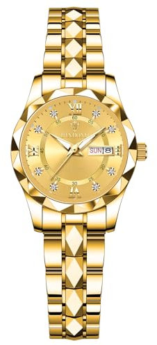 JewelryWe Damenuhr Edelstahl Leuchtende Uhren: 30m Wasserdicht Kalender Analog Quarz Armbanduhr Damen Gold Edelstahlarmband Geschäft Lässige Uhr mit Römischen Ziffern Diamantskala & Leuchtzeiger