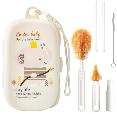 Baby Bottle Cleaner Brush - Clean Children's Drinking Bottles, Wine Glasses, Coffee Cups, Red Tea Cups, Drinking Kettles - Beige Elephant Travel Set