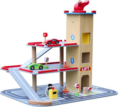 HYGRAD® Wooden Vehicle Garage Car Toy Kids Educational Traffic Control Toy With Cars Helicopter For Ages 3+
