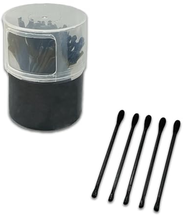 INCAUCA 100 Pieces 2 in 1 Ear Pick Scraper and Ear Swabs with Storage Box, Double-Headed Earwax Removal Tool, Ear Wax Scoop Spoon Curette, Nose Clean Buds Cleaning Kit for Adults (Black)