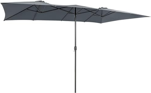 GOPLUS Parasol Double de Jardin Exterieur 4,3X2,6M en Tissu avec Revêtement, 10 Nervures, Protection Solaire pour Terrasse Marché Fête Plage, Base Non Incluse (Gris)
