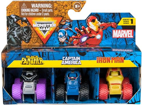 Monster Jam, Marvel Mini Monster Truck 3-Pack, Black Panther, Captain America, Iron Man Die-Cast Monster Trucks, 1:87 Scale, Kids Toys for Boys Ages 3 and Up