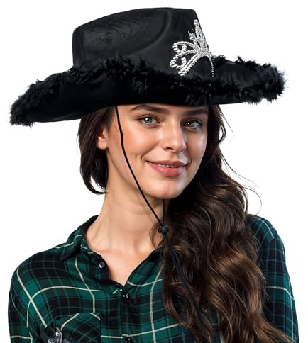 Black Cowboy Hat with Fluff Trim for Men and Women – Unisex Adult Texan Cowgirl Hat Fancy Dress Party Accessory