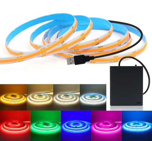 KISUFU 5v COB LED Strip, 320 LEDs/m 8MM Self-Adhesive LED Strip Light with USB 4AA Battery Case for Indoor Kitchen, Bedroom, Home DIY. (No Battery Inside)