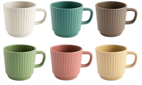 KORAT Set di 6 Tazze in Ceramica da 300 ml Tazze Colazione Colorate con Design Rigato Verticale Mug Resistenti per Caffè, Tè, Cappuccino Stile Moderno e Pastello Lavabili in Lavastoviglie