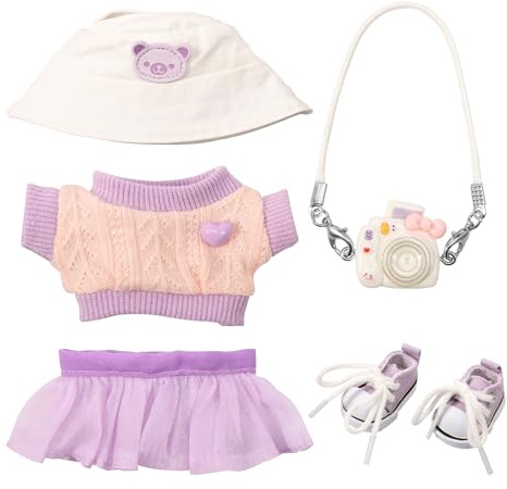 Puppenkleidung für Puppe 17cm, Kuscheltier Kleidung Outfit mit Hut Pullover Rock Kameramodell (Keine echte Kamera) Schuhe, Bekleidung für Puppen 17cm Bekleidung Puppen Fürs Vinyl Plush Toy(Violett)
