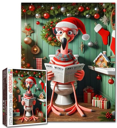 Niedliches Flamingo-Puzzle für Erwachsene, 1000 Teile, lustiges Tier-Zeitungs-Kunst-Puzzle, 50,8 x 68,9 cm, bunt, DIY, Basteln, Weihnachts-Puzzles für Heimdekoration, perfekt für Spielabende