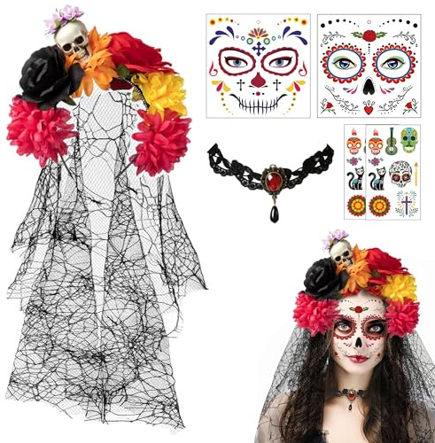 PYSEOSISE Halloween Tag der Toten Haarreif, Dia de Los Muertos Haarreif mit Schleier, Rosen Halloween Kopfschmuck mit Choker Halskette und Temporäre Gesichtstattoos für Damen