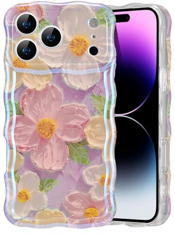 EYZUTAK für iPhone 18 Pro Max/17 Pro Max Hülle, Retro Ölgemälde Blumen,Rosa | Glitzer Flower Muster Handyhülle, Niedliche Lockiges Wellenförmiger Rand, Langlebige TPU Schutzhülle, Für Mädchen Frauen