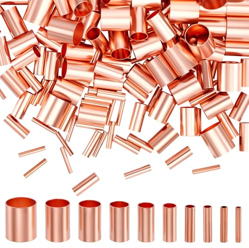 AHANDMAKER 200pcs Copper Crimp Tube Beads Copper Crimp Connectors 7 Size Ferrule Tubes Brass Beading Kit Brass Wire End Connectors for Ending Beading Cord & Wire Ends, Rose Gold