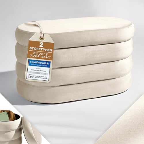Blumtal Sitzbank mit Stauraum oval, Samt-Bezug - robuste Bank mit Stauraum & Samtoptik extra weich 76 x 42 x 42.5 cm - Fußhocker für Sessel - Sitzhocker mit Stauraum - Schuhbank Ottoman Creme