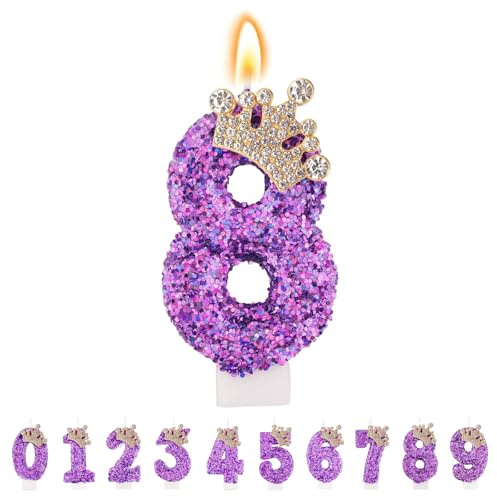 TESGADGETS Lila Geburtstagskerzen, kombinierbare Kronen-Geburtstagskerzen mit Zahl 8 für Kuchen, glitzernde Kerze mit der Zahl 8 als Kuchenaufsatz für Jubiläumsfeiern