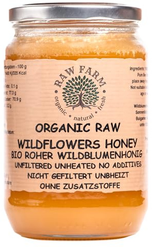 Raw Farm – Miel de fleurs sauvages cru bio 900 g – 100% naturel, non filtré, non chauffé, non pasteurisé, directement de la ruche