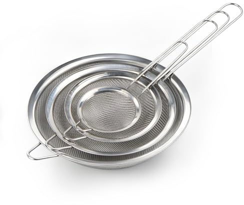 4 Stk Sieb Küchensieb Edelstahlsieb，Größen 8 cm/12 cm/16 cm/19.5 cm | Küchen Sieben, Passiersieb, Feinmaschsieb, Mehlsieb Edelstahl Nudelsiebe Feinmaschig zum Sieben, Abtropfen und Spülen